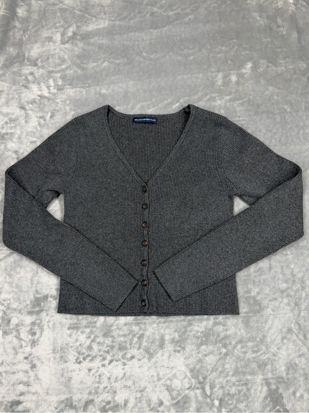 Brandy Melville Charcoal Gray V-Neck Ribbed Button Cardigan